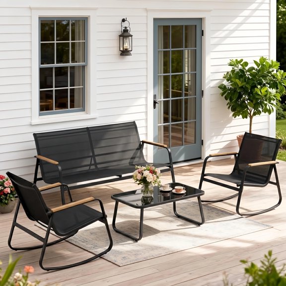 Noelse Patio Furniture Set, 4 Piece Textilene Conversation Set with 2 Rocking Chairs and Coffee Table, Perfect for Lawn, Garden, Poolside, Black