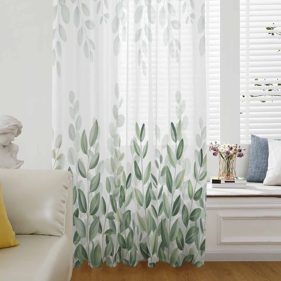 Spring Emerald Green Eucalyptus Sheer Curtains 84 Inches Long for Living Room/Bedroom, Botanical Leaf Country Rod Pocket Voile Kitchen Curtains & Drapes Window Treatment 1 Panel, 52"W x 84"L