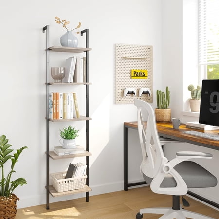Ladder Shelf 5-Tier Wood Wall Mounted Bookshelf with Metal Frame Vintage Open Display Organizer Rack Leaning Storage Shelves for Living Room Bedroom Home Office Greige