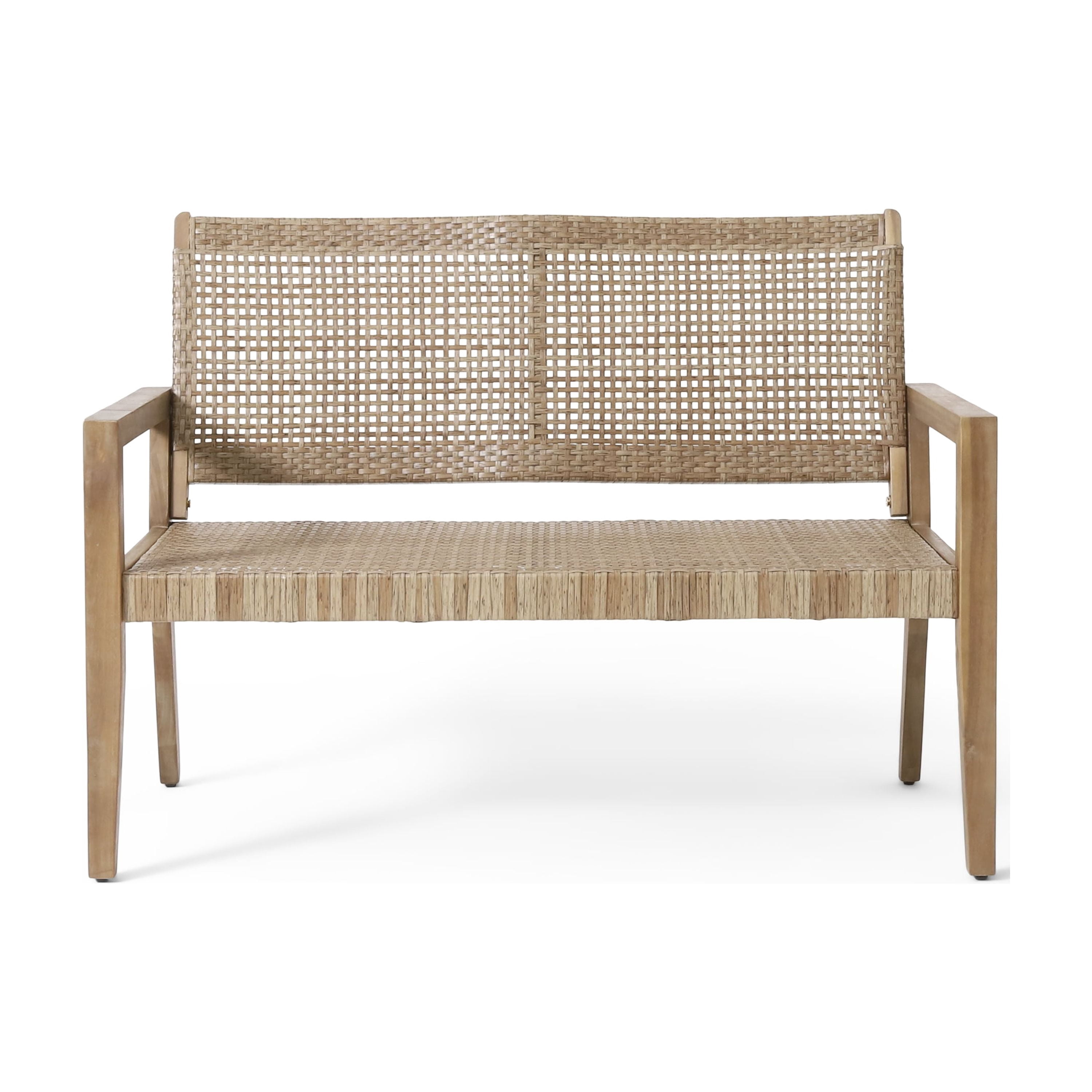 Outdoor Double Seat Sofa, Combined Wicker and Acacia Wood Structure for Patio Garden, Light and Light Brown