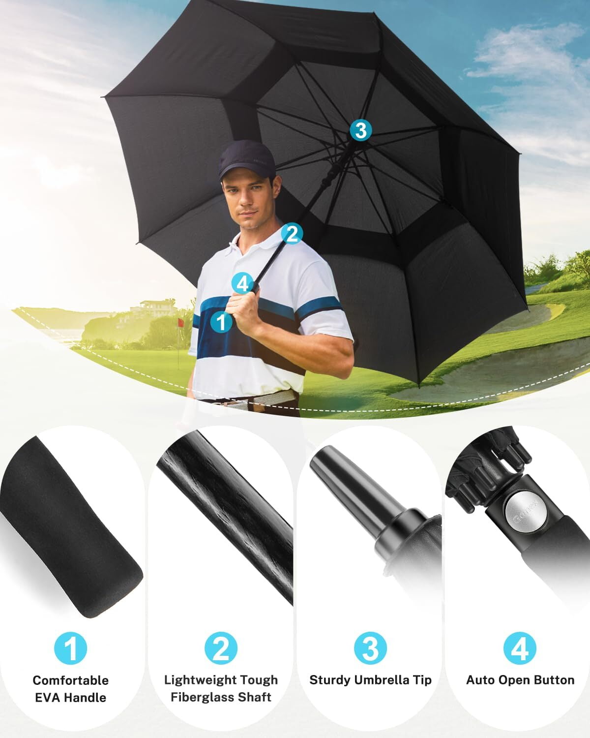 Gonex 72 Inch Automatic Open Golf Umbrella, Extra Large Vented Stick Umbrellas with Windproof Double Canopy