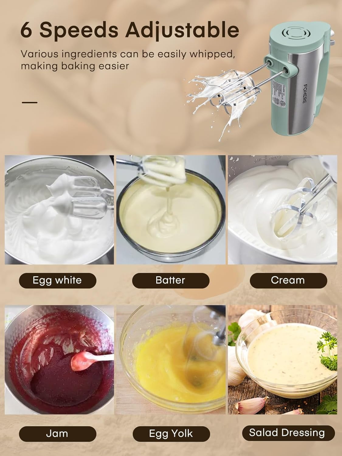 Hand Mixer Electric Handheld, 6 Speed & Turbo Mixer, 300W Handheld with 2 Stainless Steel Whisk and Dough Hook for Whipping, Mixing Cookies, Brownie, Cakes, Batters, Green