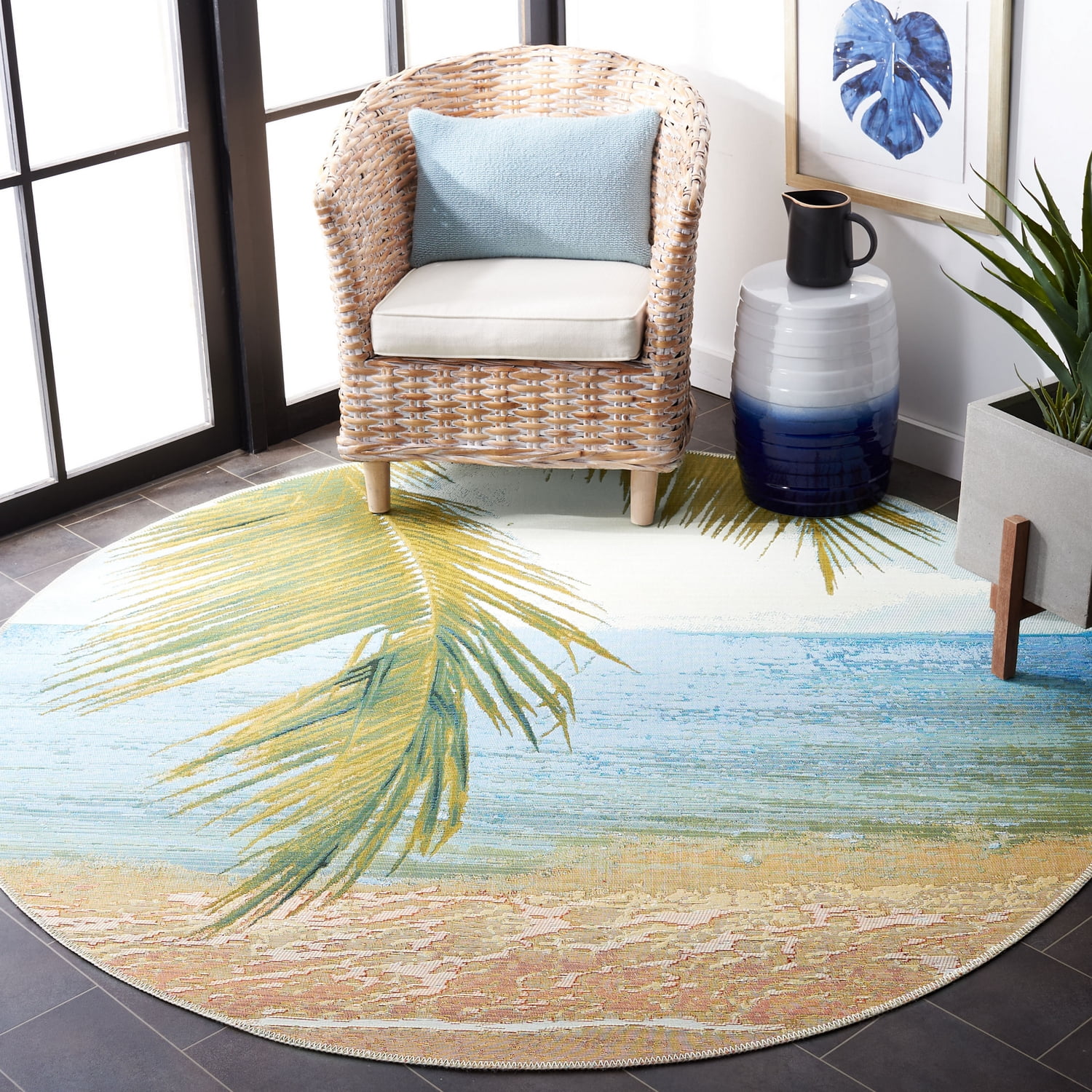 SAFAVIEH Barbados Palm Leaves Outdoor Area Rug, Gold/Blue, 5'3" x 5'3" Round