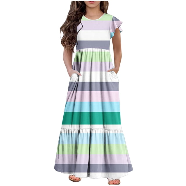 Jgppe Maxi Dress for Girl Summer Spring Pleated Ruffle Sleeve A-Line Casual Sundress 6-13 Years