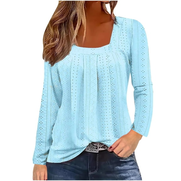 YUGYXL Women's Eyelet Ruched Shirt Square Neck Long Sleeve Solid Color Casual Fashion Lightweight Pullover Blouse Tops Blue M