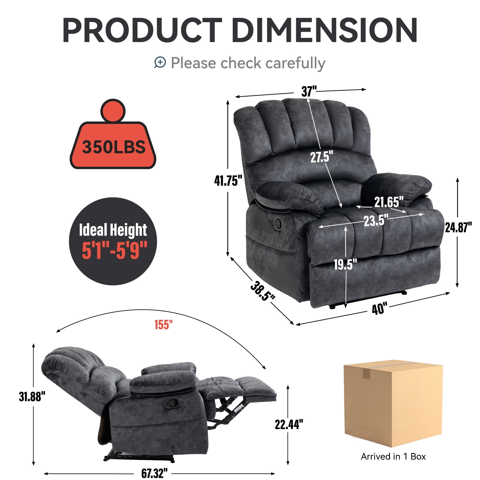 Trustyue  Manual Recliner Chair with Footrest, 40" Wide Push Back Recliner Chair with Three Position and Two Side Pockets, Velvet, Black