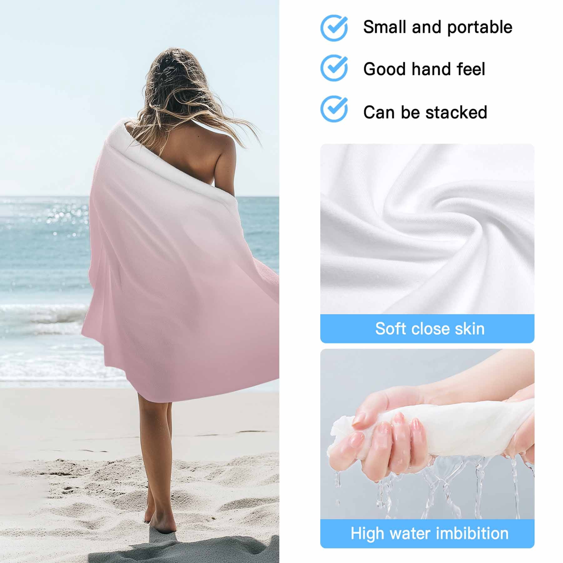 Beach Towel Ombre Pink Bath Pool Towels Gradient Milky White Absorbent Beach Towel Soft Large Quick Dry Lightweight Camping Travel Sports Yoga Gym Swim Towels for Adult 35x70 Inch