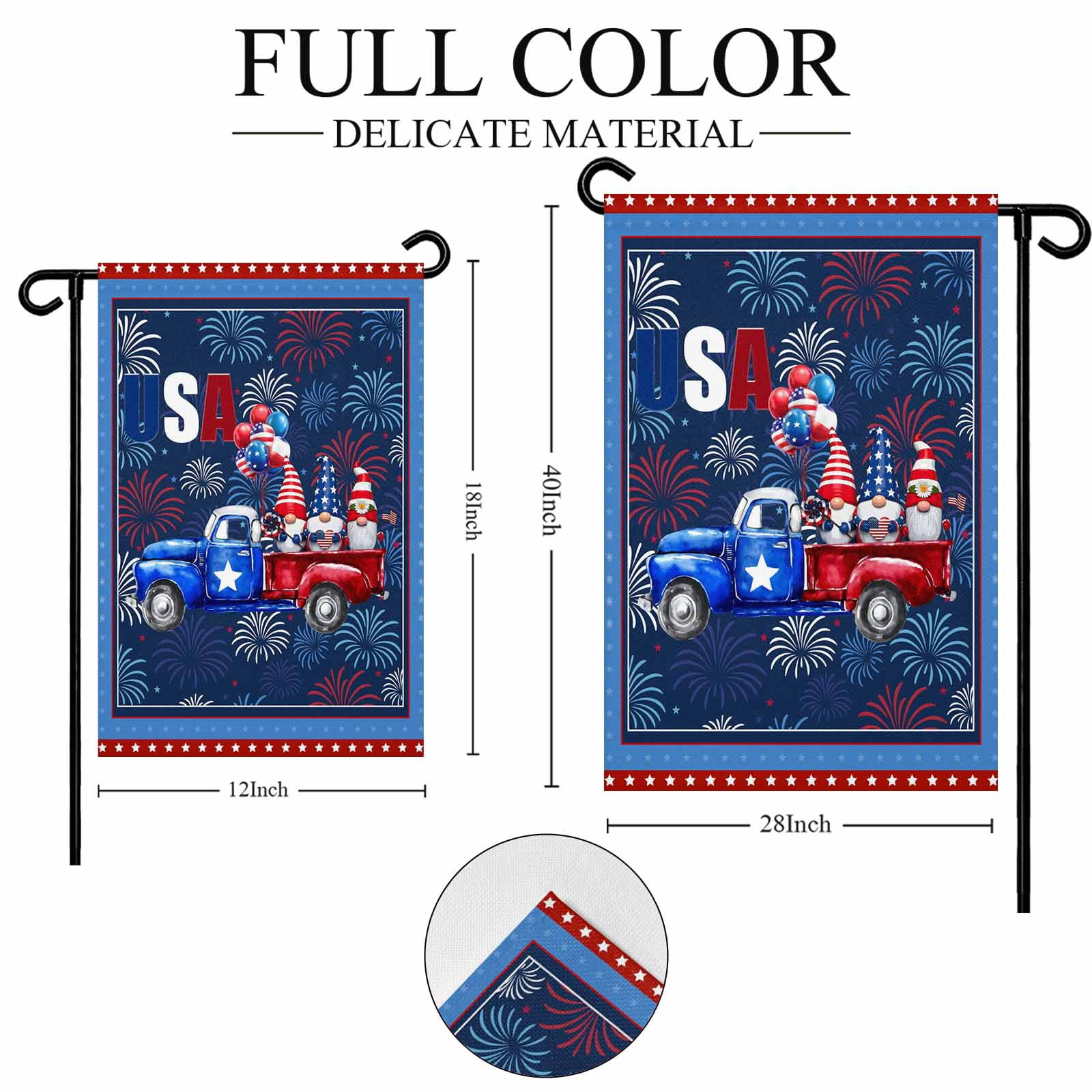 4th of July Garden Flags Patriotic Gnome Truck Garden Flag Double Sided Welcome Flag USA Flag Stars Balloon Independence Day Yard Flags for Outdoor Lawn Porch Memorial Day Holiday Decor 28x40 Inch