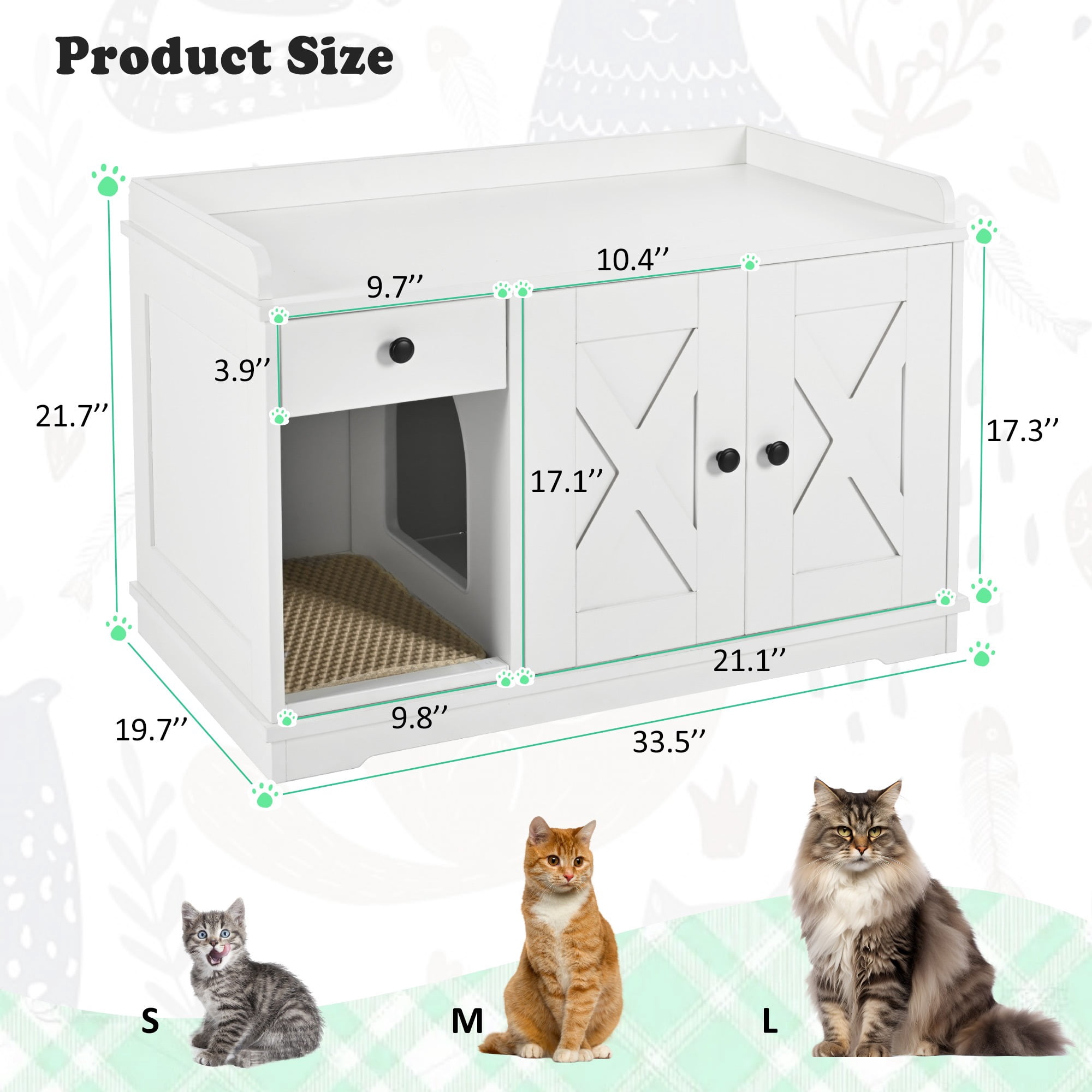 JXXRZ Farmhouse Cat Litter Box Enclosure, Hidden Litter Box Furniture with Storage Drawer, White