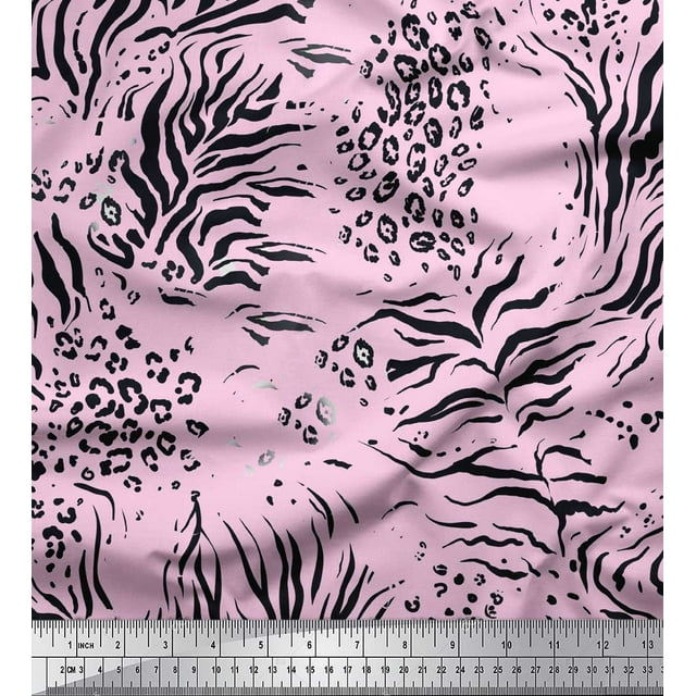 Soimoi Pink polyester Crepe Fabric Leopard & Tiger Animal Skin Fabric Prints By Yard 52 Inch Wide