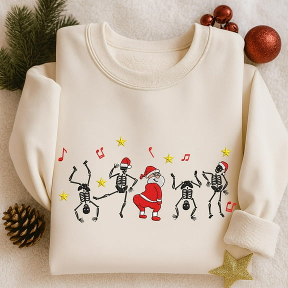 Christmas Santa Dancing With Skeletons Embroidered Sweatshirt, Funny Christmas Party Embroidered Shirt, Winter Festival Gifts