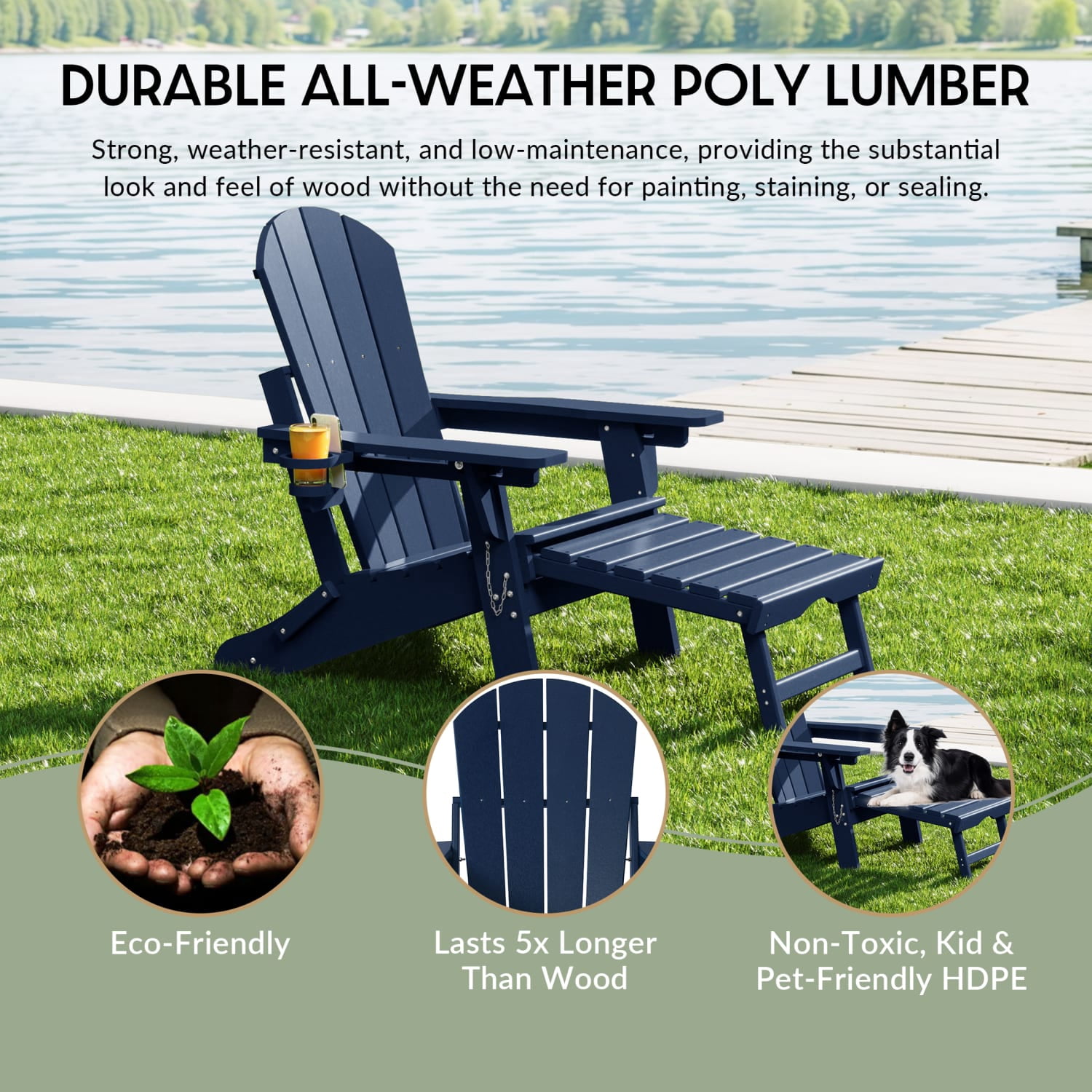 WestinTrends Malibu Folding Adjustable Adirondack Chair with Retractable Ottoman and Cup Holder, Navy Blue