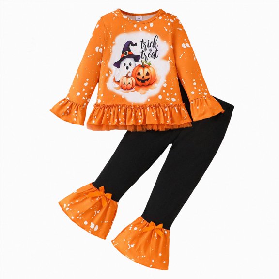 HCNTES Baby Girl Winter Clothes Girls Halloween Outfits With Pumpkin Print Hallomas Clothing Set Long Sleeve Blouse With Lace Trim Flare-Leg Pants Athletic Clothes For Kids Matching Sets