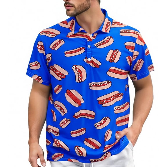 Mens Polo Shirts Hot Dog Print Button Up Collar Summer Lapel Retro Short Sleeve Graphic Golf Blue T Shirts for Man