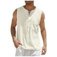 thumbnail image 2 of Men's V-neck strapped solid color cotton and linen sleeveless shirt tops Henley shirt Beige M, 2 of 5