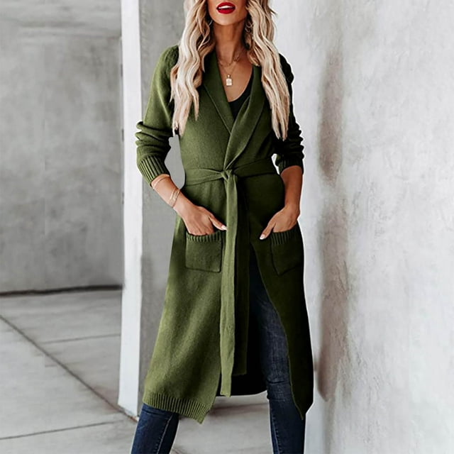 Suéter de mujer, cárdigan de longitud media, tejido con solapa y lazo, chaqueta para mujer