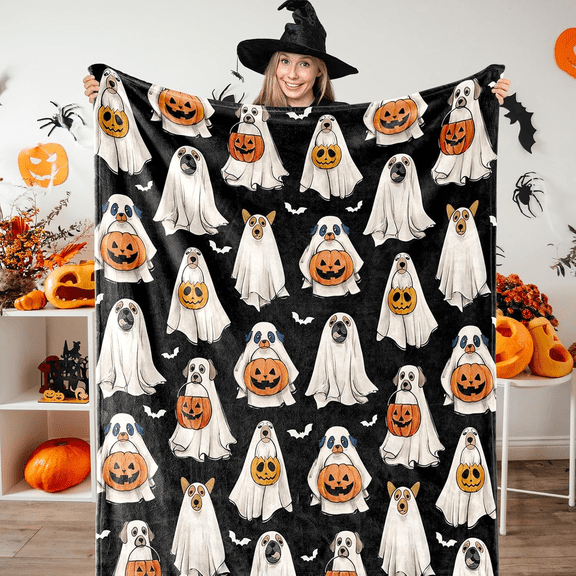 Halloween Fuzzy Blanket Pumpkin Ghost Dog Throw Blanket Black Soft Cozy Flannel Blankets for Home Bed Sofa Couch Chair, 50 x 60 Inch