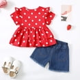 thumbnail image 3 of Kucnuzki 2T Toddler Girls Summer Outfits 3T Toddler Girls Casual Clothes Sets Ruffle Short Sleeves T-shirt Classic Dots Pullover Top Ripped Denim Shorts Sets 2pcs Red, 3 of 8