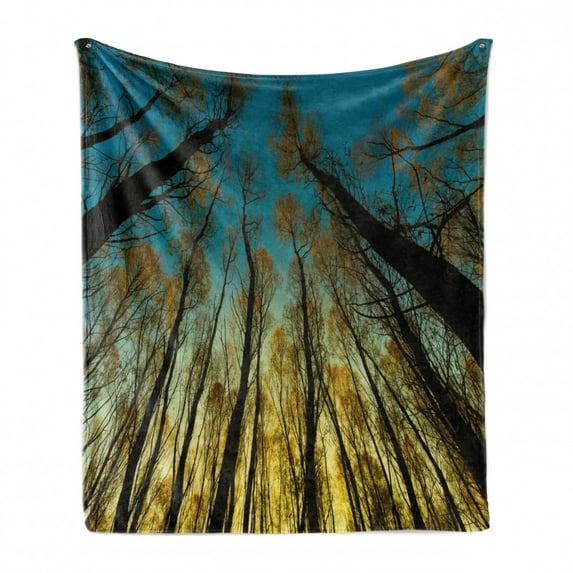 Forest Soft Flannel Fleece Blanket, Rural Scenery with Trees Reaching out to Sky at Sunrise Nature Pastoral Image, Cozy Plush for Indoor and Outdoor Use, 50" x 70", Yellow Blue Black, by Ambesonne