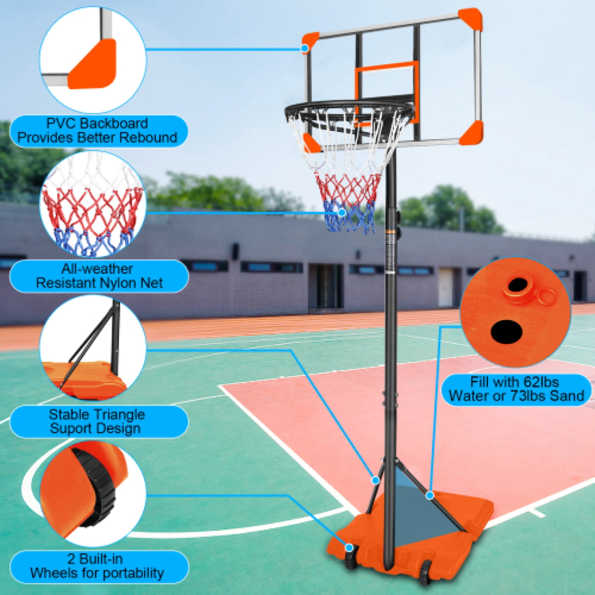 Portable Basketball Goal with Stable Base and Wheels for Teenagers, 28 Inch Height Adjustable 5.6 to 7ft Basketball Hoop Orange