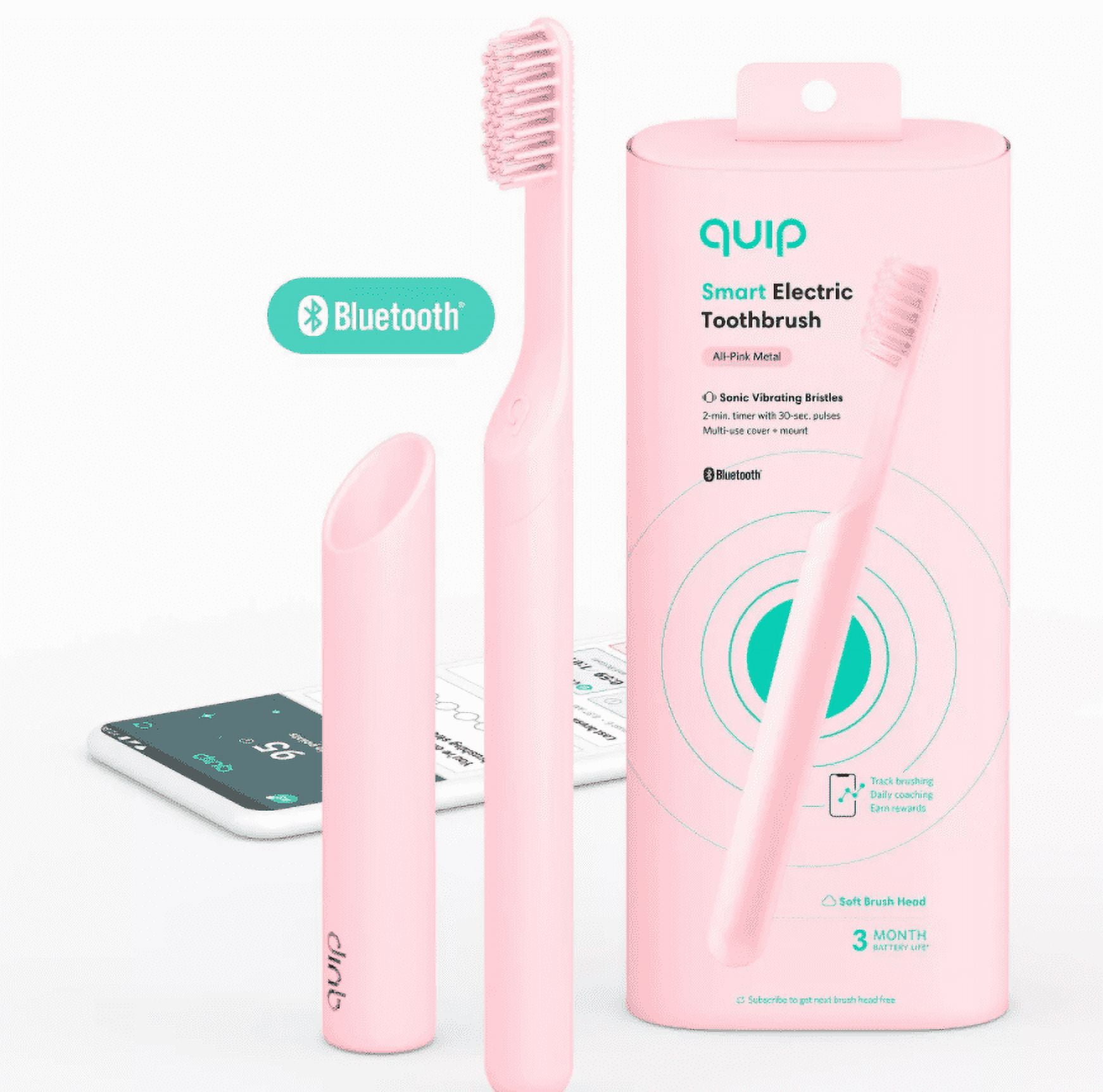 Quip Adult Smart Electric Toothbrush - Sonic Toothbrush with Bluetooth  Rewards App, Travel Cover  Mirror Mount, Soft Bristles, Timer, and Metal Handle - All-Pink