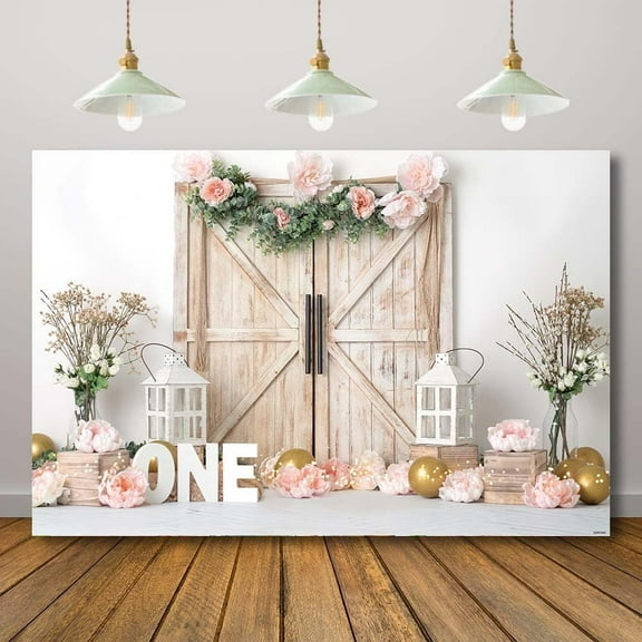 6x4FT 1st Birthday Photography Backdrop Pink Floral Rustic Barn Door Girls One Year Photo Background Farmhouse Flowers Princess Fairy Cake Table Decorations