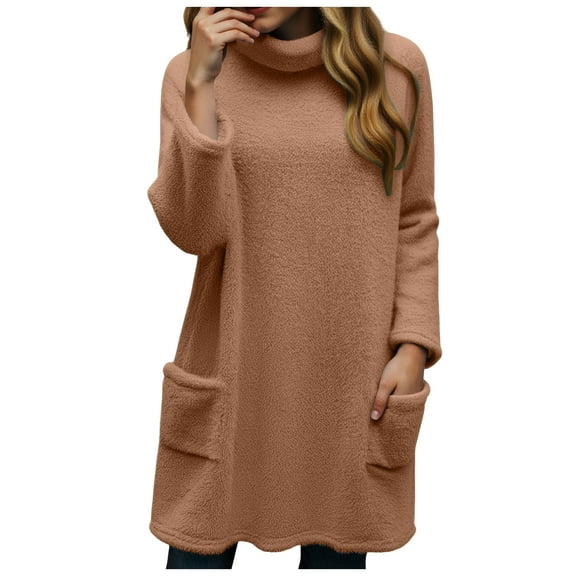 zaveiop Women Sweaters 2025 Mock Turtleneck Fall Winter Warm Sweater Plus Size Tunic Pullover Tops with Pockets (Khaki, XL)