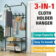 3-in-1 Entryway Shoe and Coat Rack, Hall Tree Metal Coat Stand with Bench Coat Hanger, Clothes Stand Shoe Rack Bedroom Storage Shelf Organizer, 2 Shelves for Space Saving
