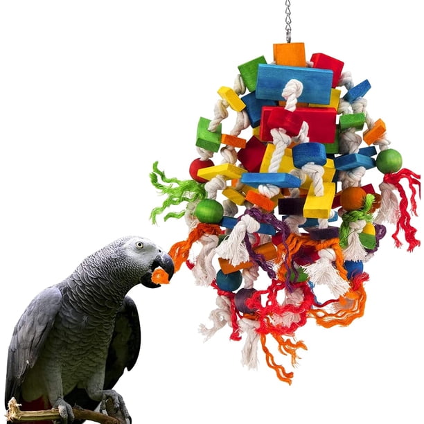 (1 paquete) Juguete masticable para loros grandes - Bloques de madera natural multicolor - Juguetes desprendibles para pájaros - Loro gris africano (colorido)