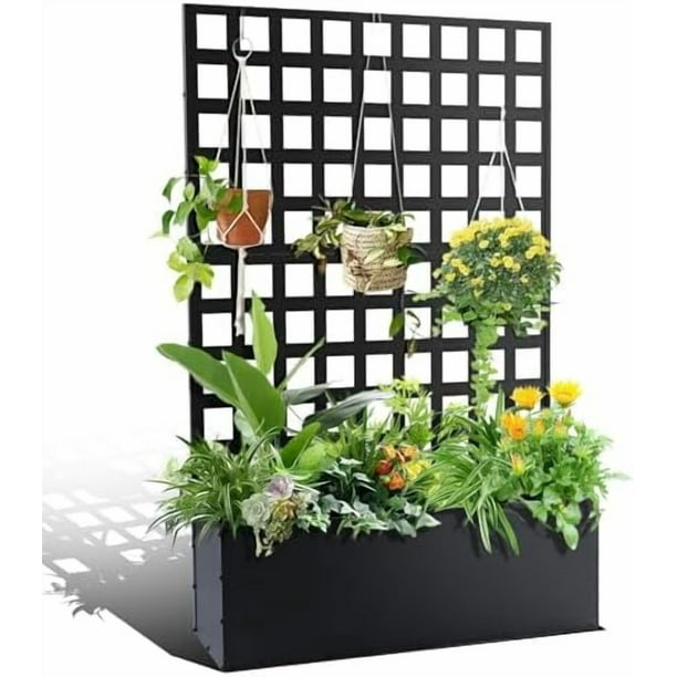 Pantalla de Privacidad con Macetero, Jardín Elevado Metálico con Enrejado y Ruedas, Maceteros para Patio, Caja con Drenaje para Plantas Trepadoras, Flores y Vegetales