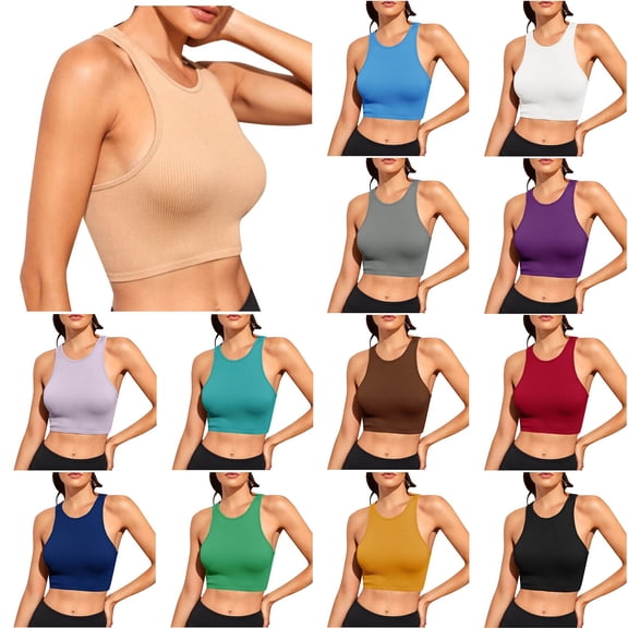 YHAJDS Women Built in Bra Tank Tops Slim Cami Top Solid Color Round Neck Yoga Running Workout Sports Top