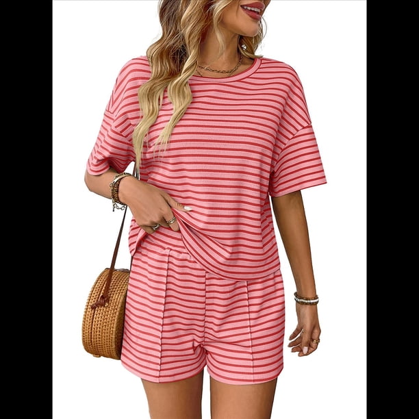 Conjunto de Pijama de 2 Piezas de Corta A Rayas de Verano, Color Rosa, Talla L