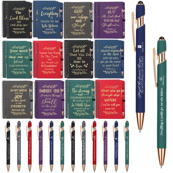 Engrowtic 48 Pcs Christian Gift Set, Bible Verse A5 Spiral Notebooks and Stylus Ballpoint Pens for Church Welcome, Classroom Rewards, Employee Apprec