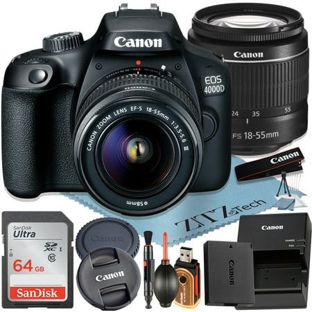 Canon EOS 4000D / Rebel T100 DSLR Camera with EF-S 18-55mm Zoom Lens + SanDisk 64GB Memory Card + ZeeTech Accessory Bundle