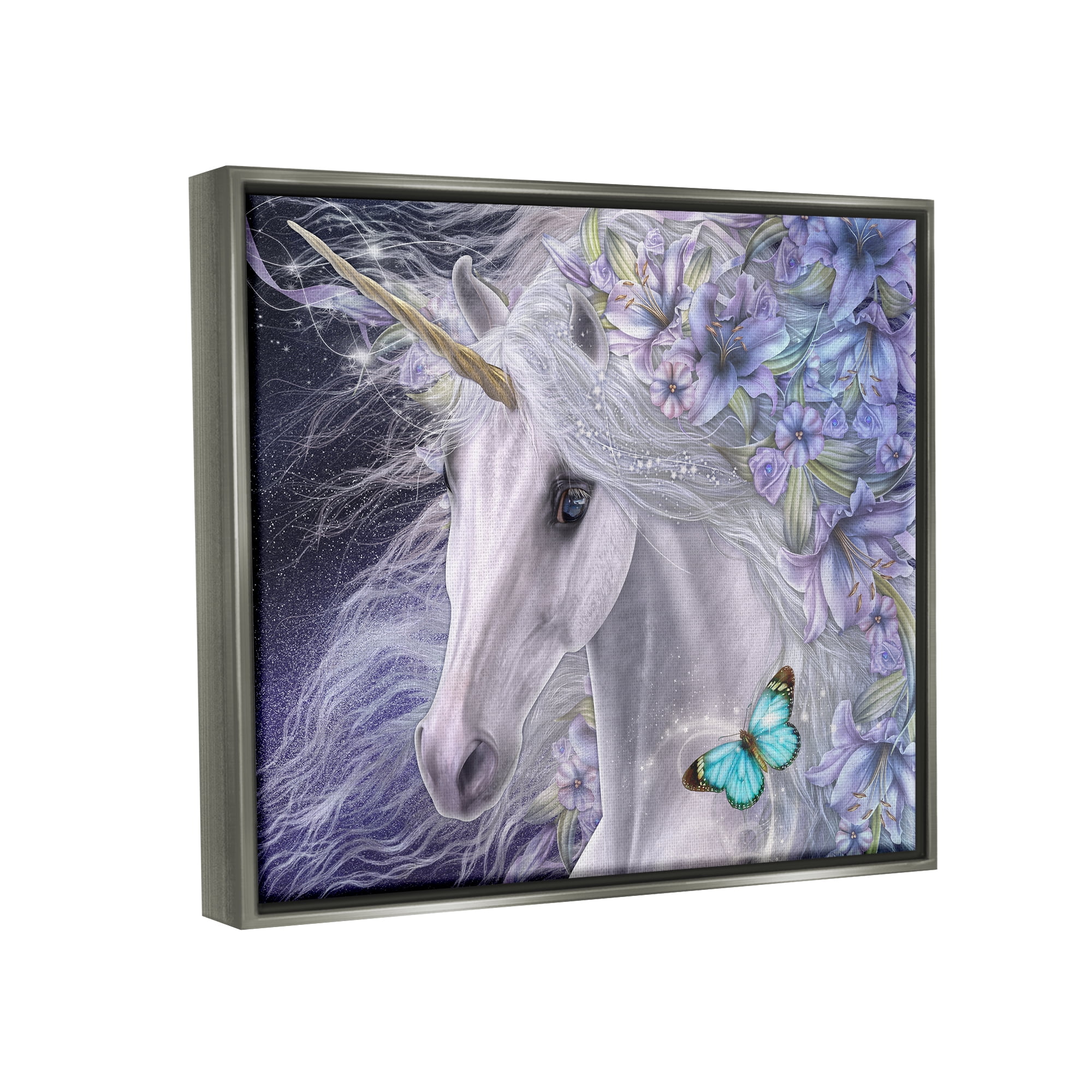 Stupell Industries Lillicorn Purple Floral Unicorn Fairy Tales & Fantasy Painting Gray Floater Framed Canvas Art Print Wall Art, 21 x 17