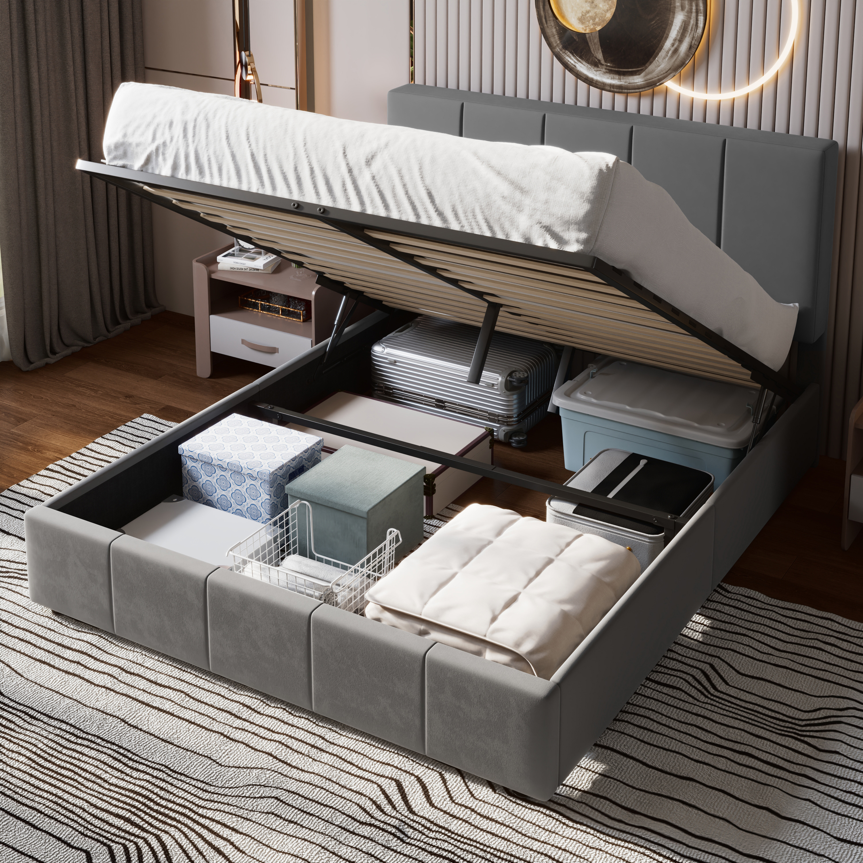 Einfach Queen Size Storage Bed Frame, Lift Up Velvet Platform Bed with Adjustable Upholstered Headboard, No Box Spring Needed, Gray