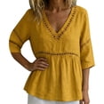 thumbnail image 2 of Women's V Neck T Shirts 3/4 Sleeve Blouse Summer Tops Dressy Casual Loose Fit Basic Tees by Yigetop Yellow M, 2 of 6