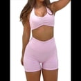 thumbnail image 3 of Conjuntos Entrenamiento para Mujer 2 Piezas,Sujetador Deportivo con Cuello Halter y Arrugas,Pantalones Cortos Ciclista Cintura Alta,Ropa Ejercicio para Gimnasio Yoga Rosa M, 3 of 8