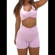 thumbnail image 3 of Conjuntos Entrenamiento para Mujer 2 Piezas,Sujetador Deportivo con Cuello Halter y Arrugas,Pantalones Cortos Ciclista Cintura Alta,Ropa Ejercicio para Gimnasio Yoga Rosa M, 3 of 8