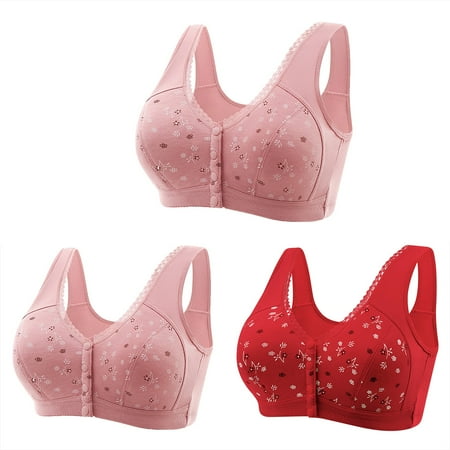 LMKIHUSA Daisy Bras for Older Women 3 Pack Womens Push Up Bra Front Closure Sports Bras Beauty Back Full Coverage Comfor Easy Close Bra Front Buckle Corset Red XL