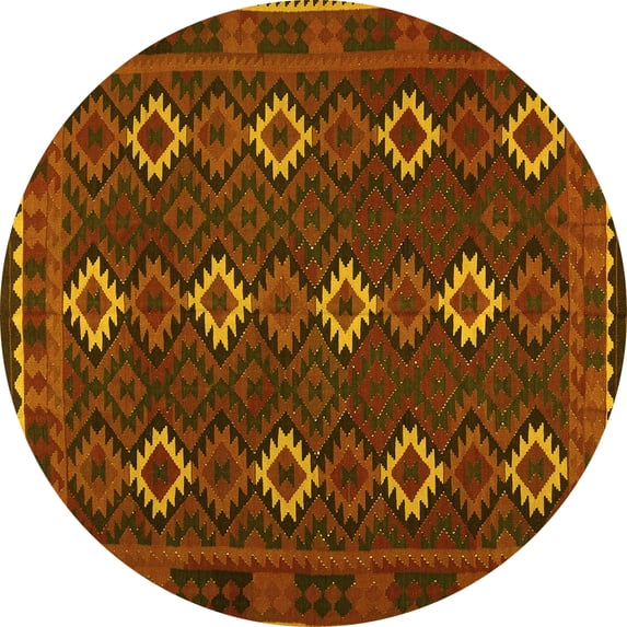 Ahgly Company Machine Washable Indoor Round Oriental Yellow Traditional Area Rugs, 7' Round