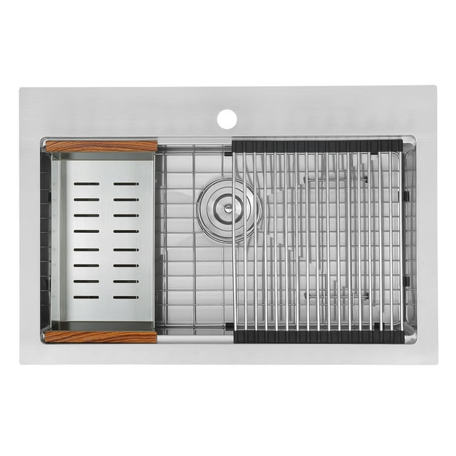 Ancona 30" Handmade Drop-in Single Bowl Workstation Kitchen Sink with Accessories in Satin Stainless Steel