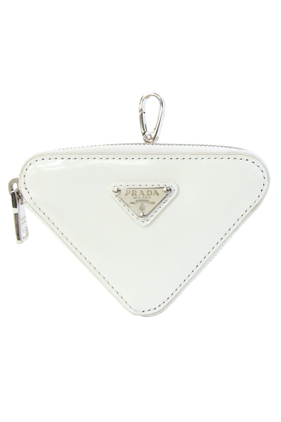 Pre-Owned Prada Pouch 1TL433 White Leather Bag Charm Triangle Coin Case Women's PRADA