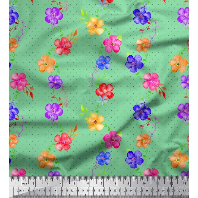 Soimoi Silk Fabric Dot,Leaves & Periwinkle Floral Fabric Prints By Yard 42 Inch Wide