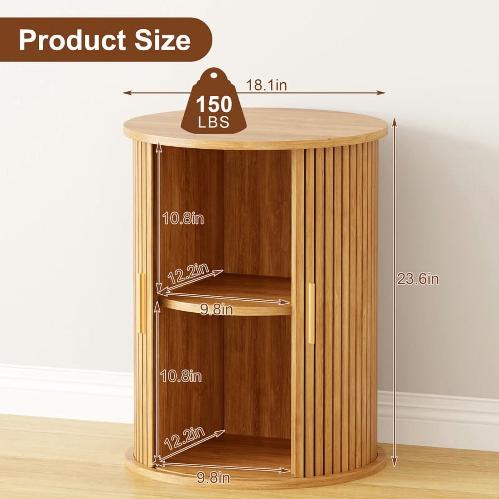 Fluted Round Side Table Set of 2, Mid Century Modern Night stand with Sliding Tambour Door and Storage Shelf, Wood Bedside Table, End Table for Small Space,Bedroom, Living Room