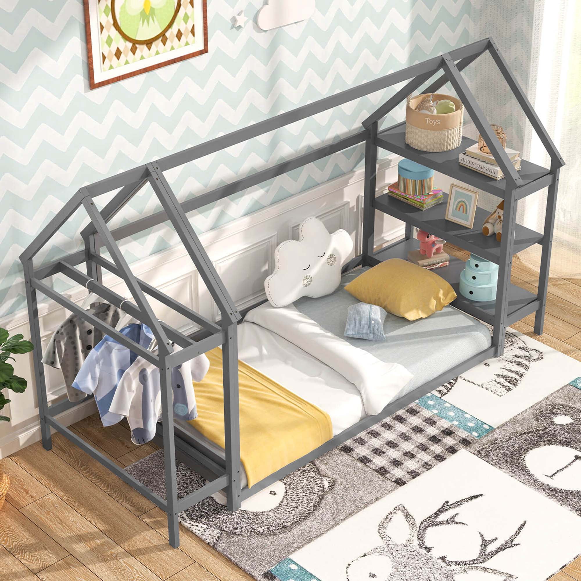 Costway Twin Size House Bed Montessori Floor Bed with Detachable Storage Shelves Gray