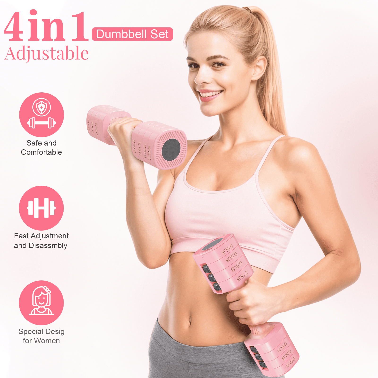 GIKPAL 5lbs*2 Adjustable Dumbbells Set, 4-in-1 Free Weights for Women, Each 2lb 3lb 4lb 5lb Hand Weights for Home Gym, Pink