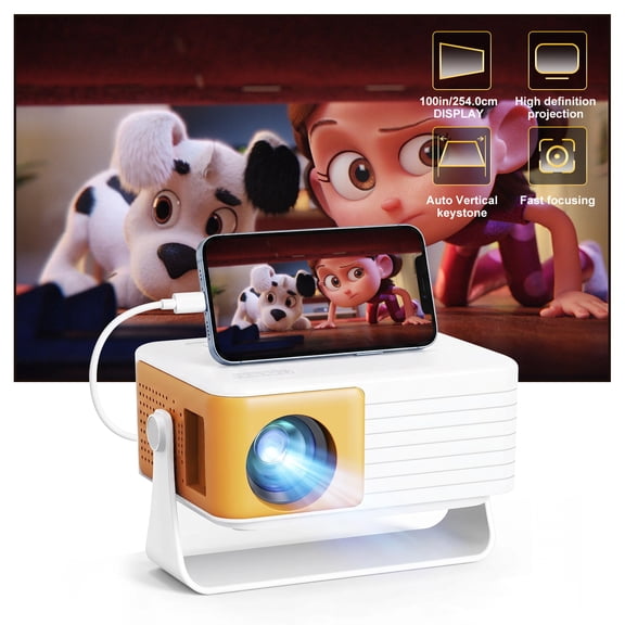 SALANGE 720P Native, 1080P Support, LED Home Theater with Wired Phone Screen Mirroring, Manual Focus, 180°Rotatable Portable Mini Projector with Stand