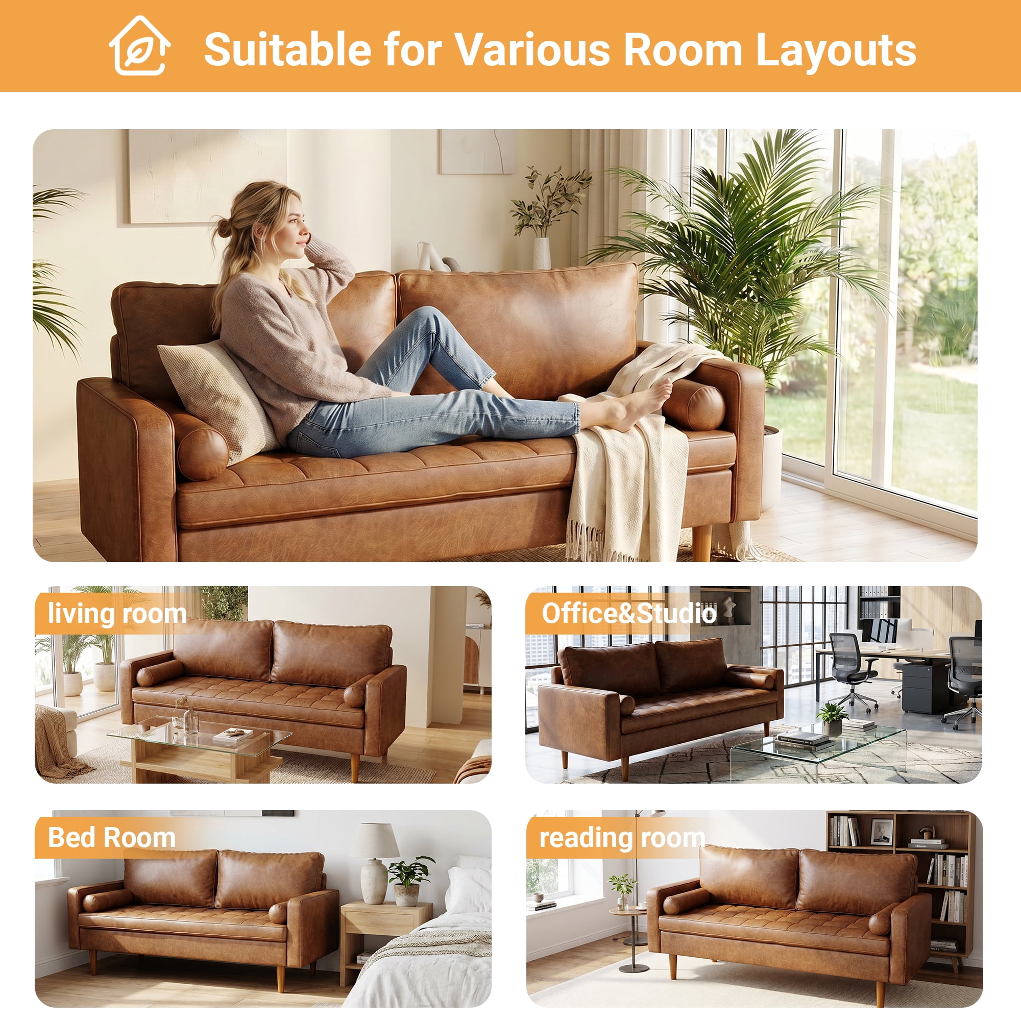 Koby Home Faux Leather Sofa, Mid-Century 70" 3 Seater Couches Camel Brown