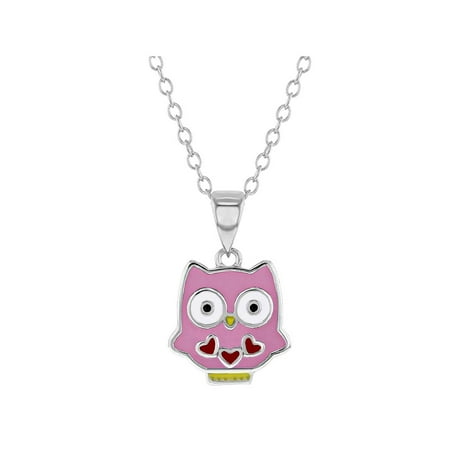 925 Sterling Silver Pink Enamel Owl Necklace Pendant for Girls 16
